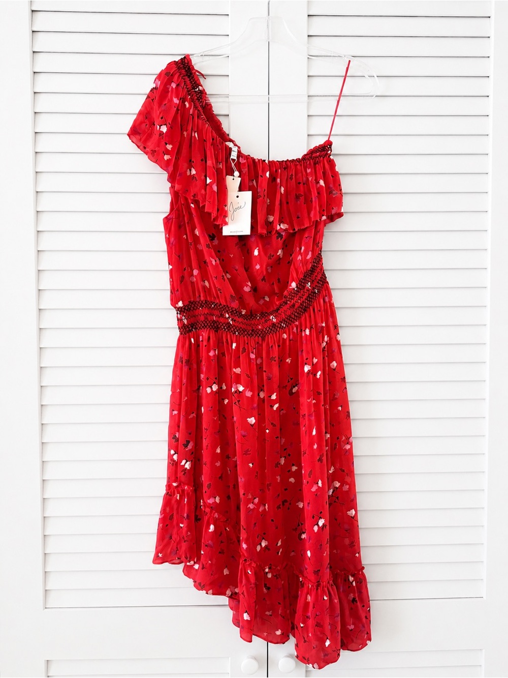 Joie Red Floral Silk One Shoulder Asymmetrical Ruffle Dress Size L NWT